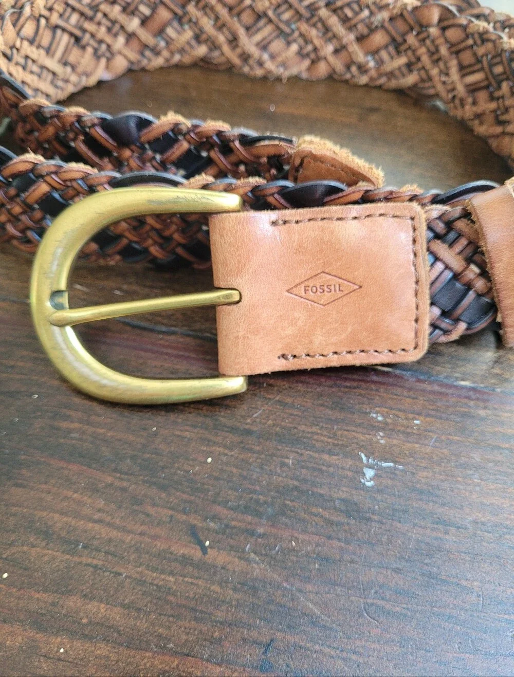 Fossil Belt Woven Black Brown Brass Buckle Medium